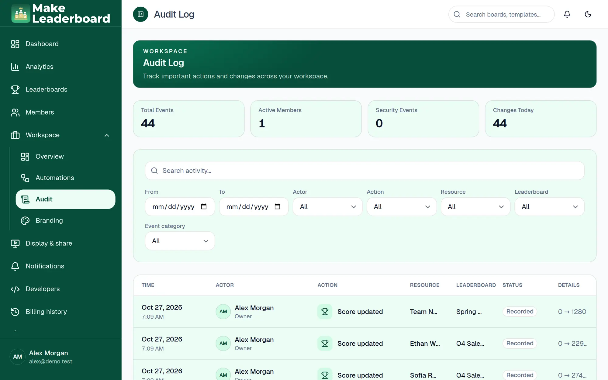 Audit Log with filters and a list of events
