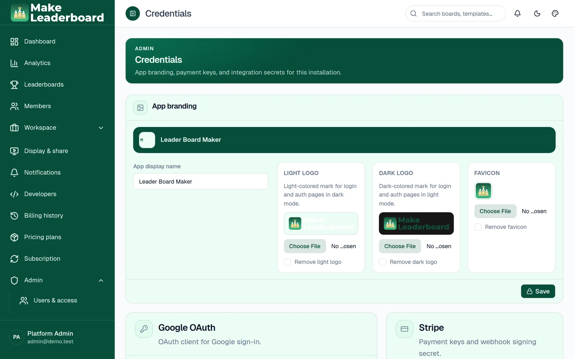 Admin Credentials page with app branding, Google OAuth and Stripe sections