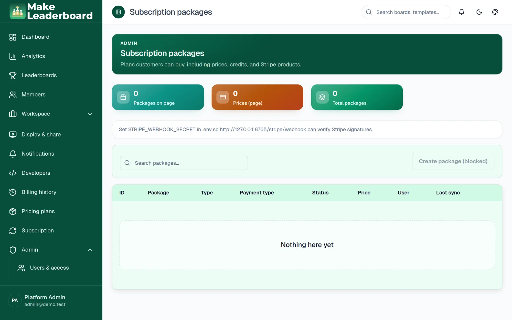 Admin Subscription packages page