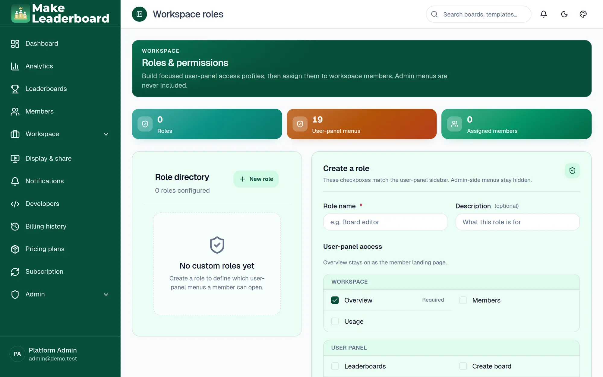 Workspace roles page for creating a role with permissions