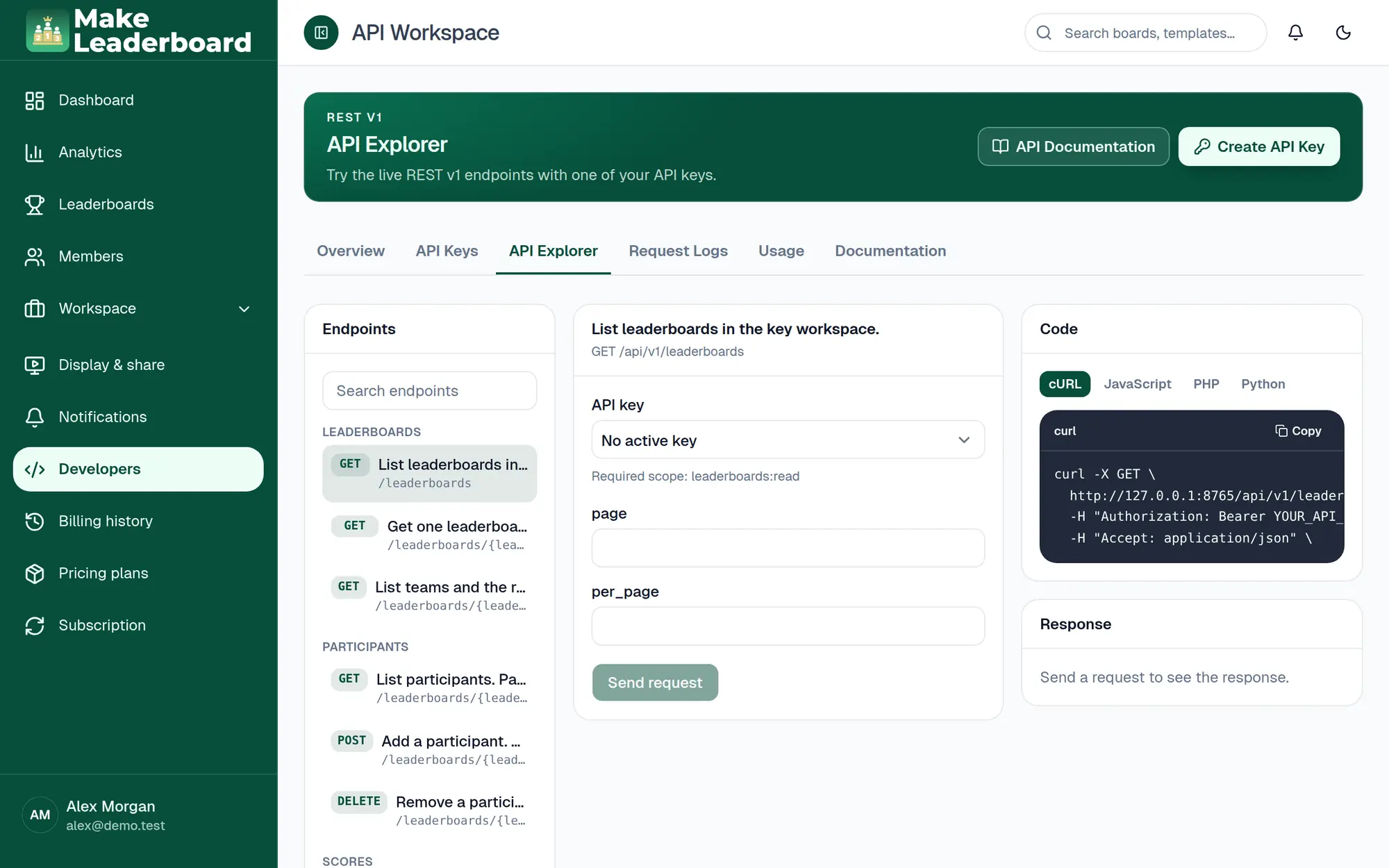 API Explorer with an endpoint list, request form, code sample and response panel