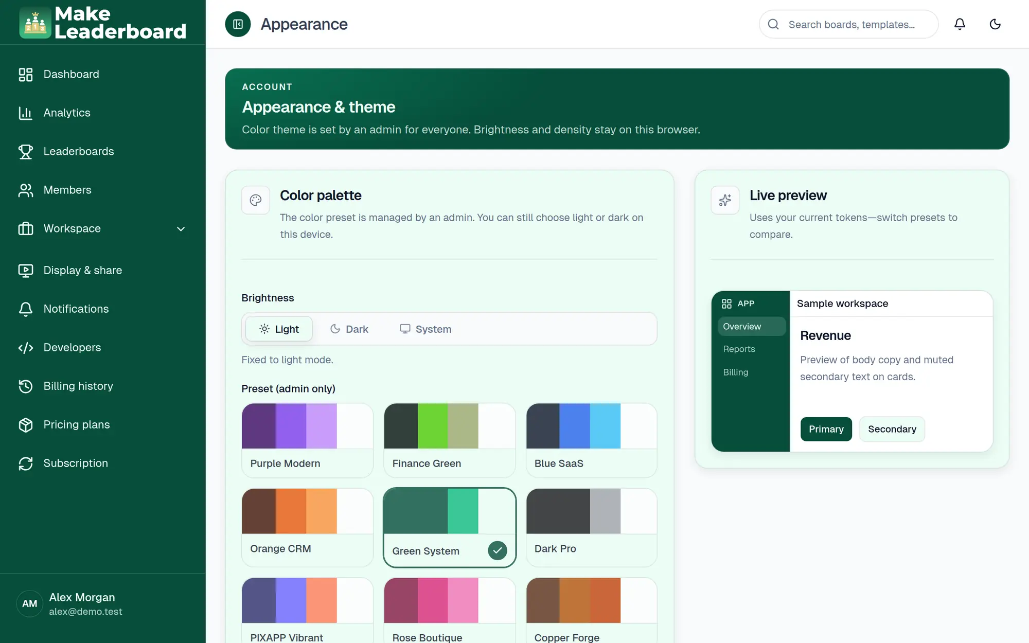 Appearance and theme page with brightness, color palettes and a live preview