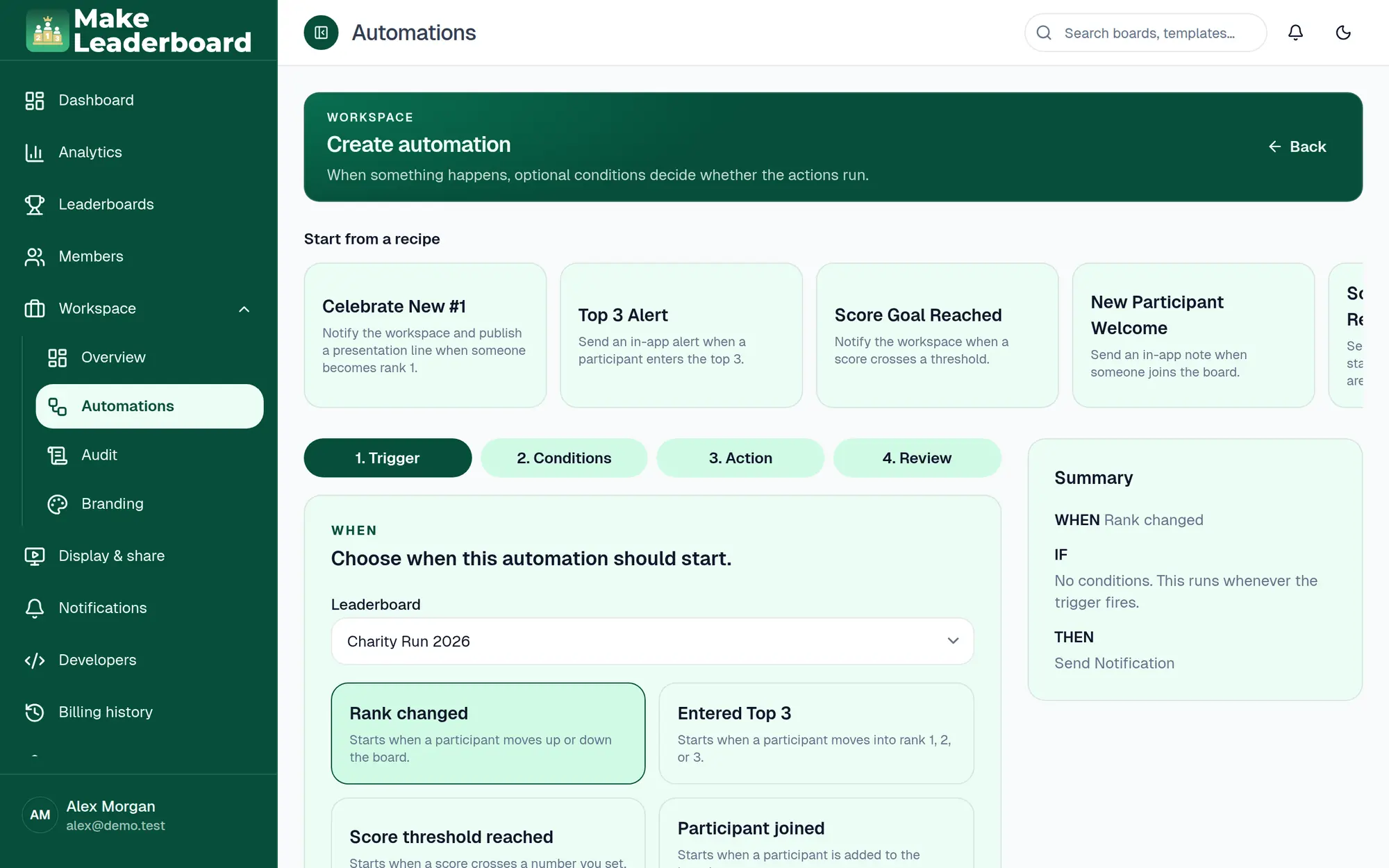Create automation page with recipes, trigger choices and a summary