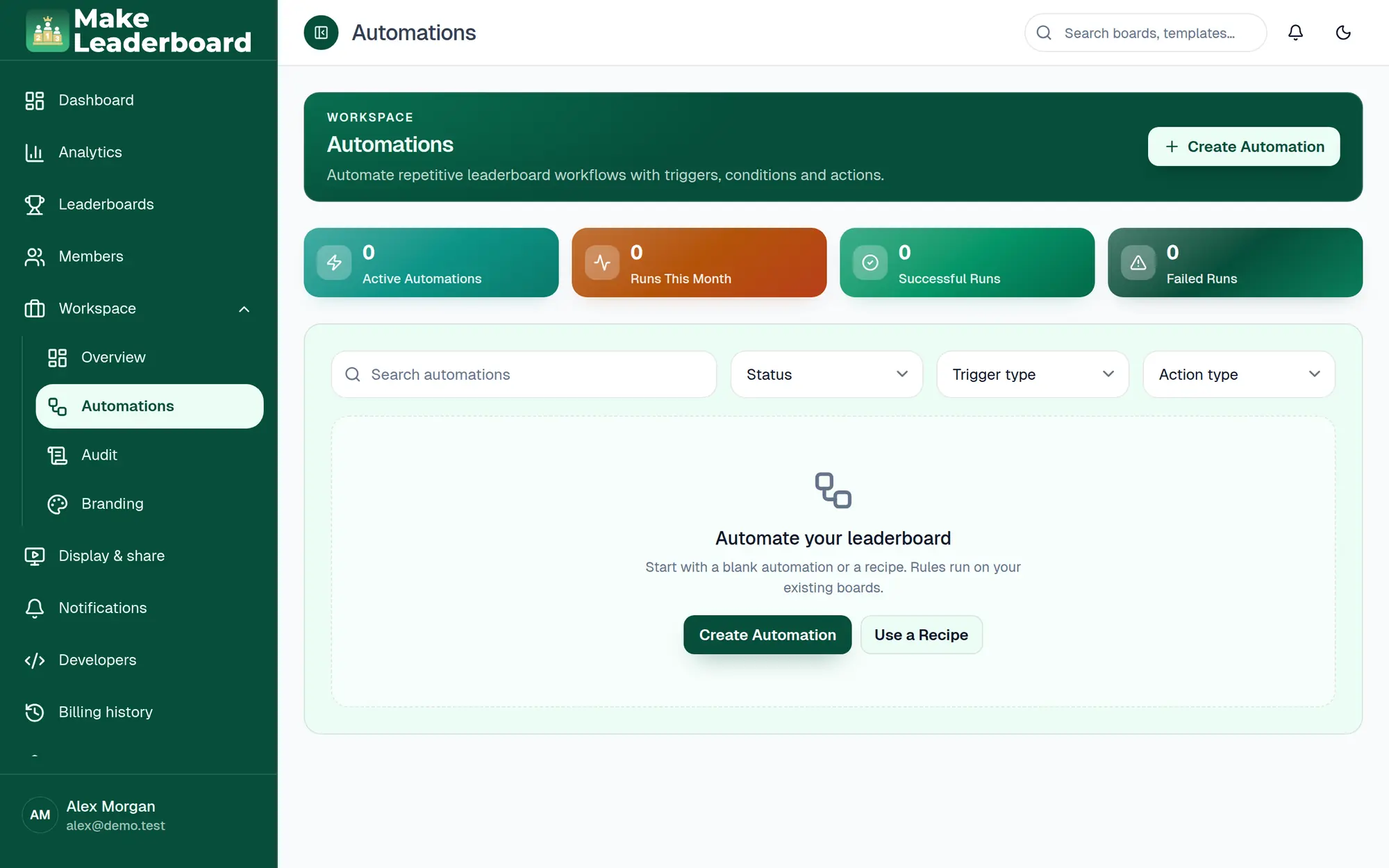 Automations list with run statistics and filters