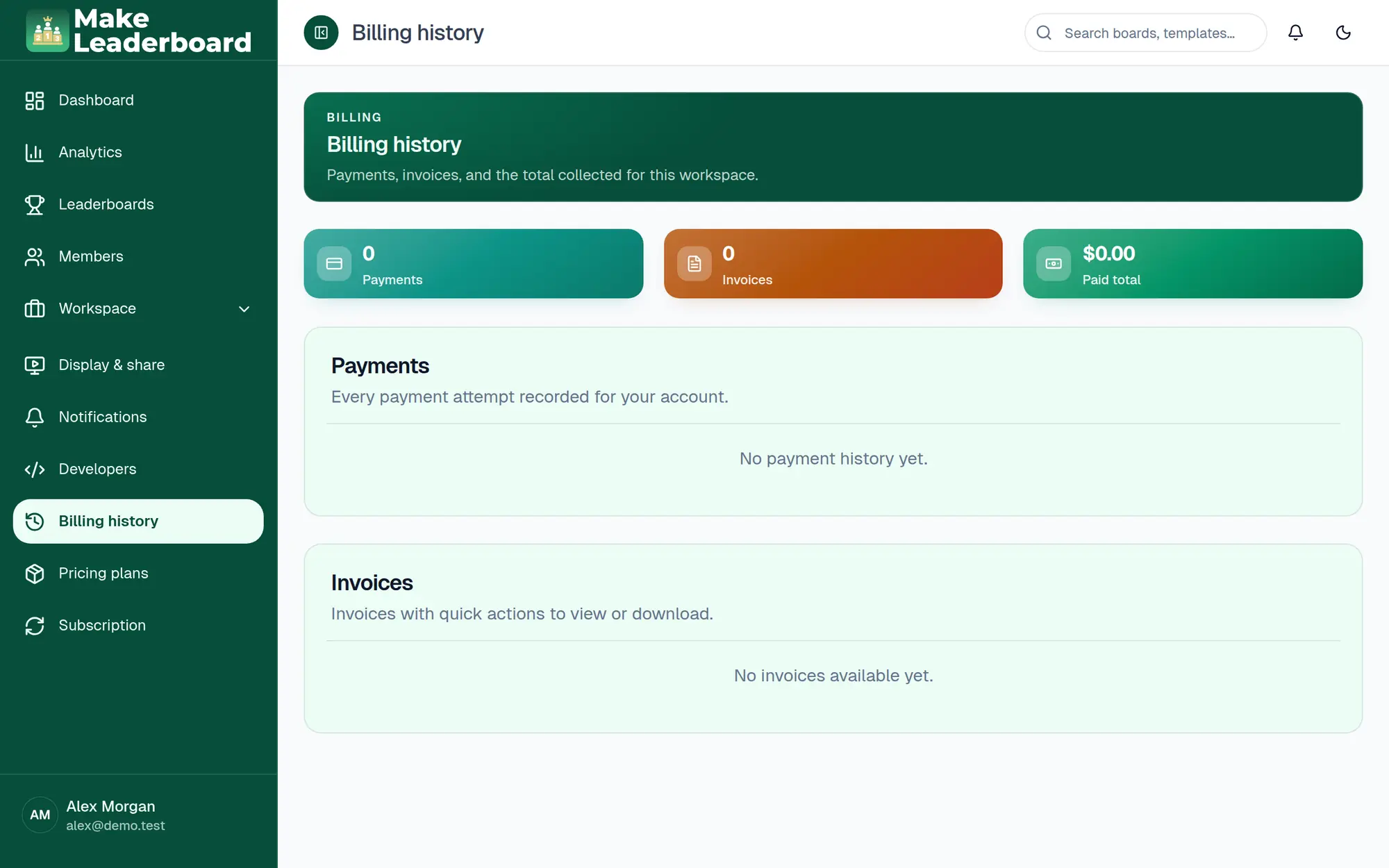 Billing history page with payments and invoices
