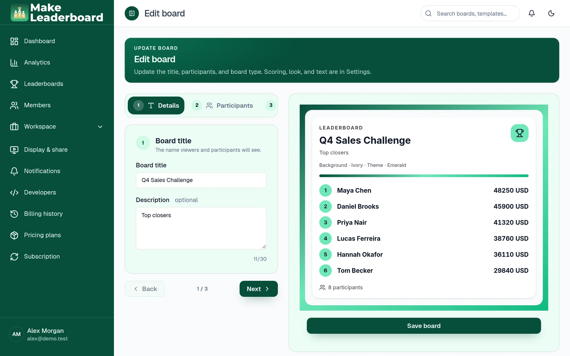 Edit board form with title, description and preview