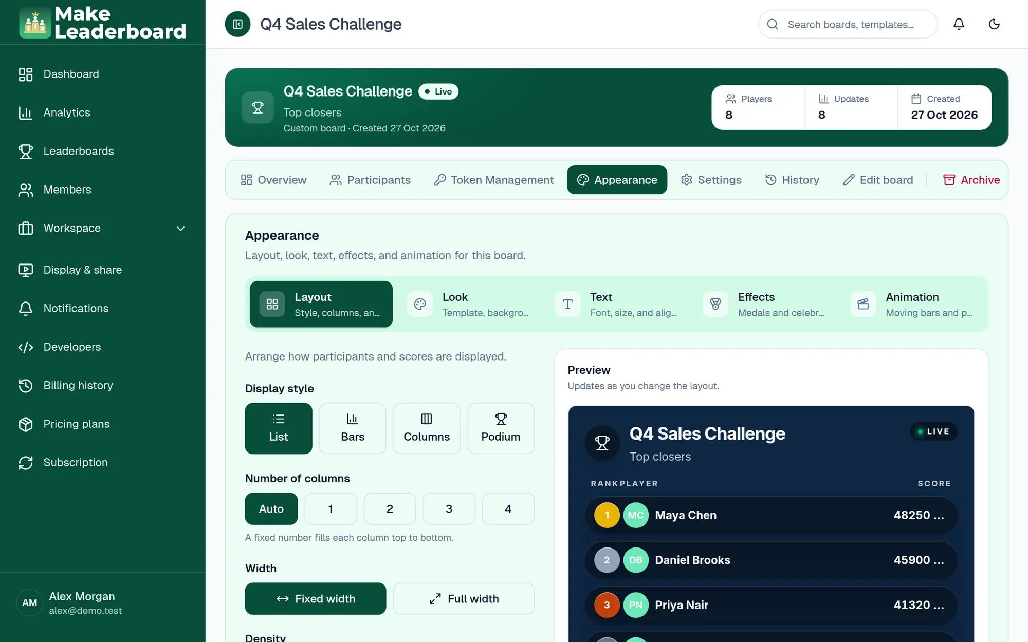 Appearance tab with Layout, Look, Text, Effects and Animation sections and a preview