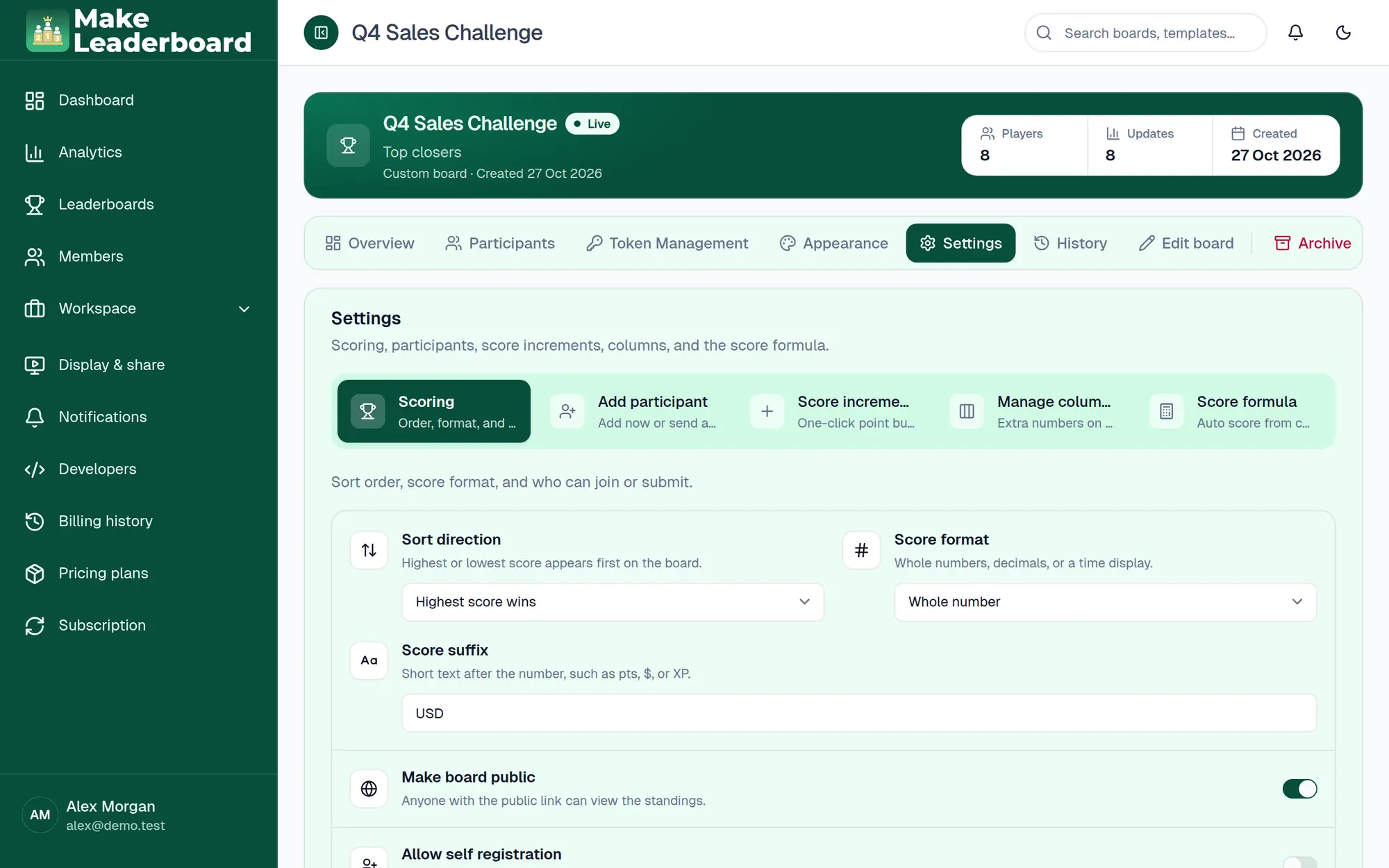 Board Settings tab with Scoring, Add participant, Score increments, Manage columns and Score formula panels