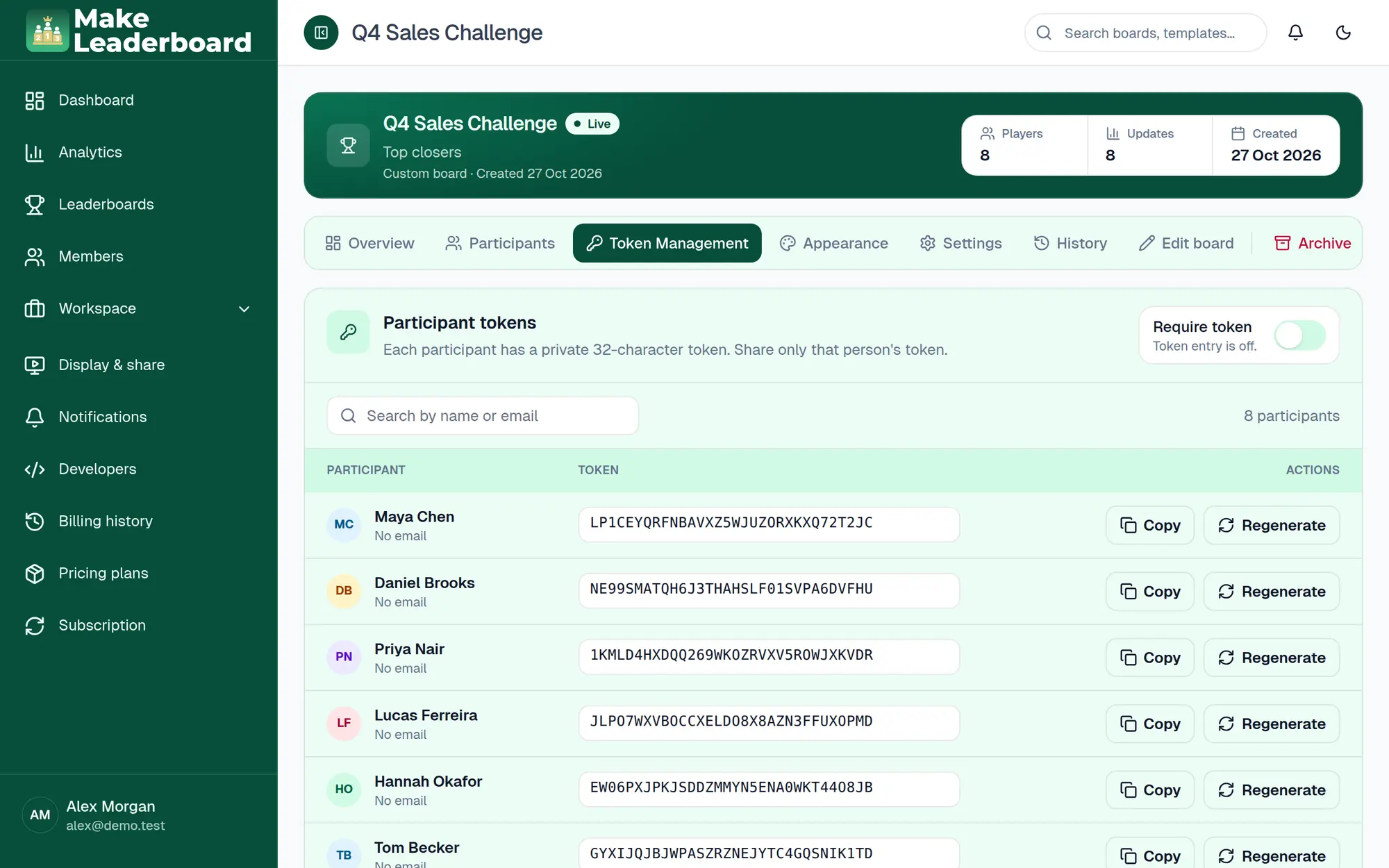 Token Management tab listing participant tokens with Copy and Regenerate buttons