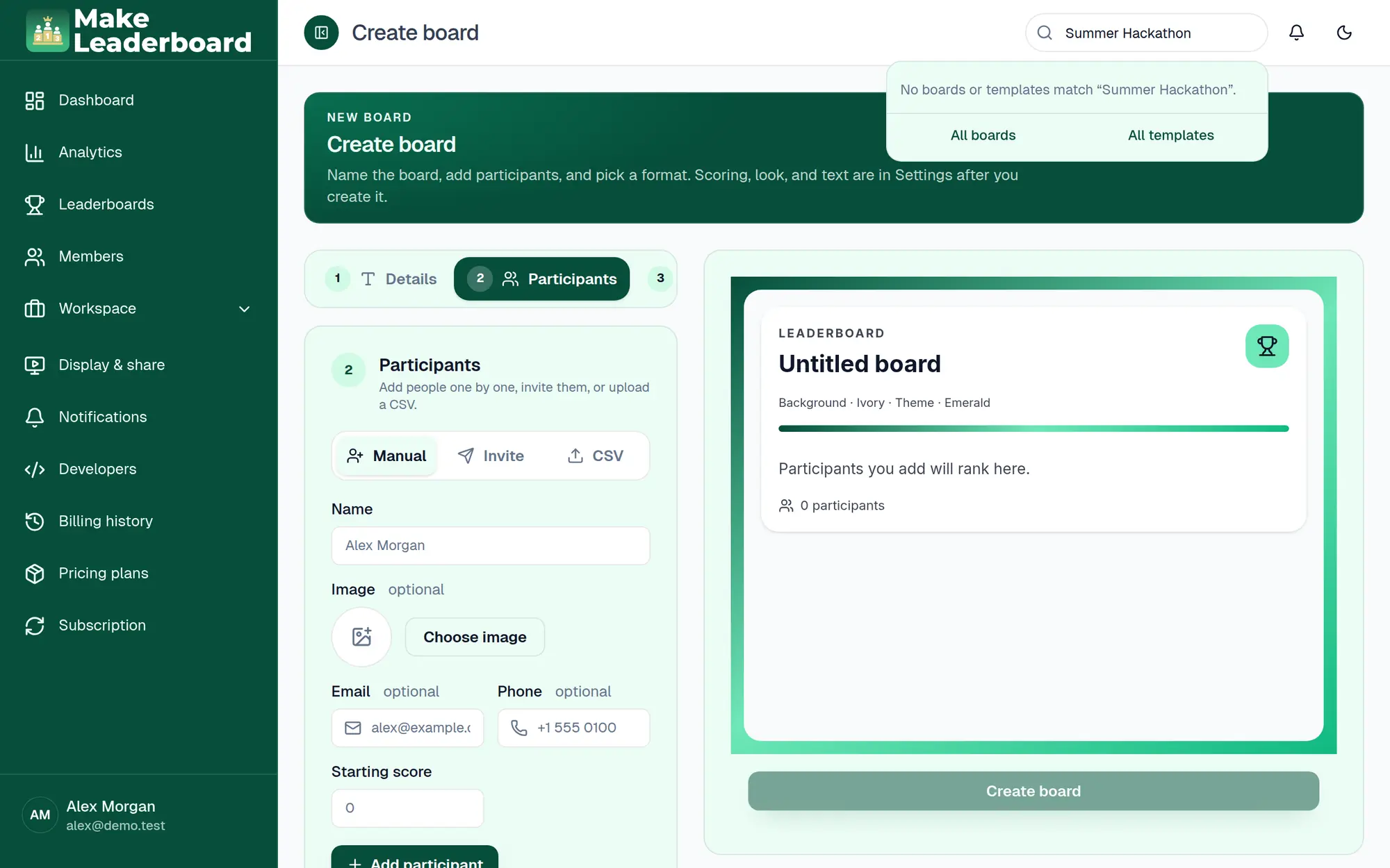 Create board step 2 for adding participants manually, by invite or by CSV
