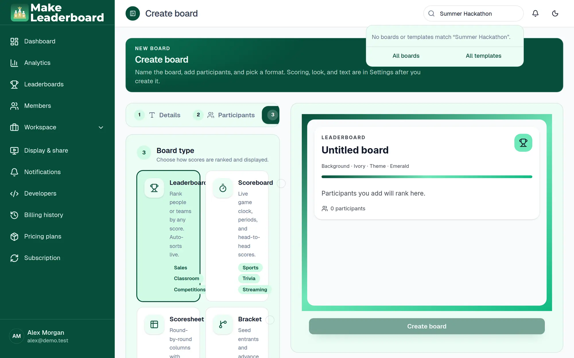 Create board step 3 with board type options such as Leaderboard, Scoreboard and Goal tracker