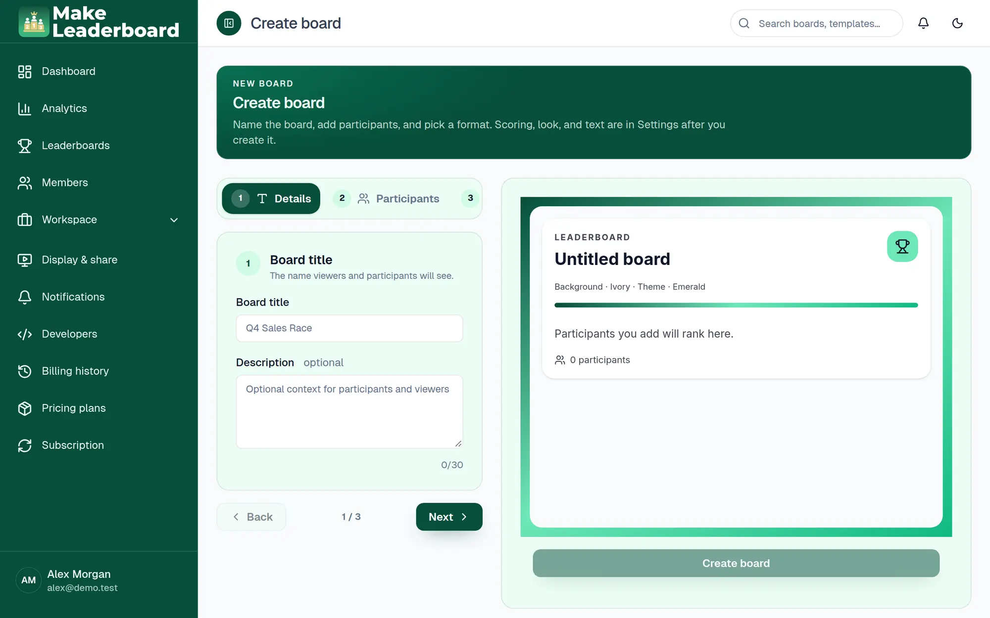 Create board step 1 with Board title and Description fields and a live preview
