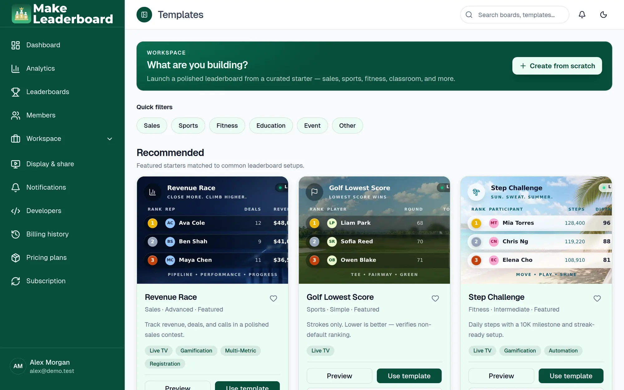 Template library with filters and template cards such as Revenue Race and Golf Lowest Score