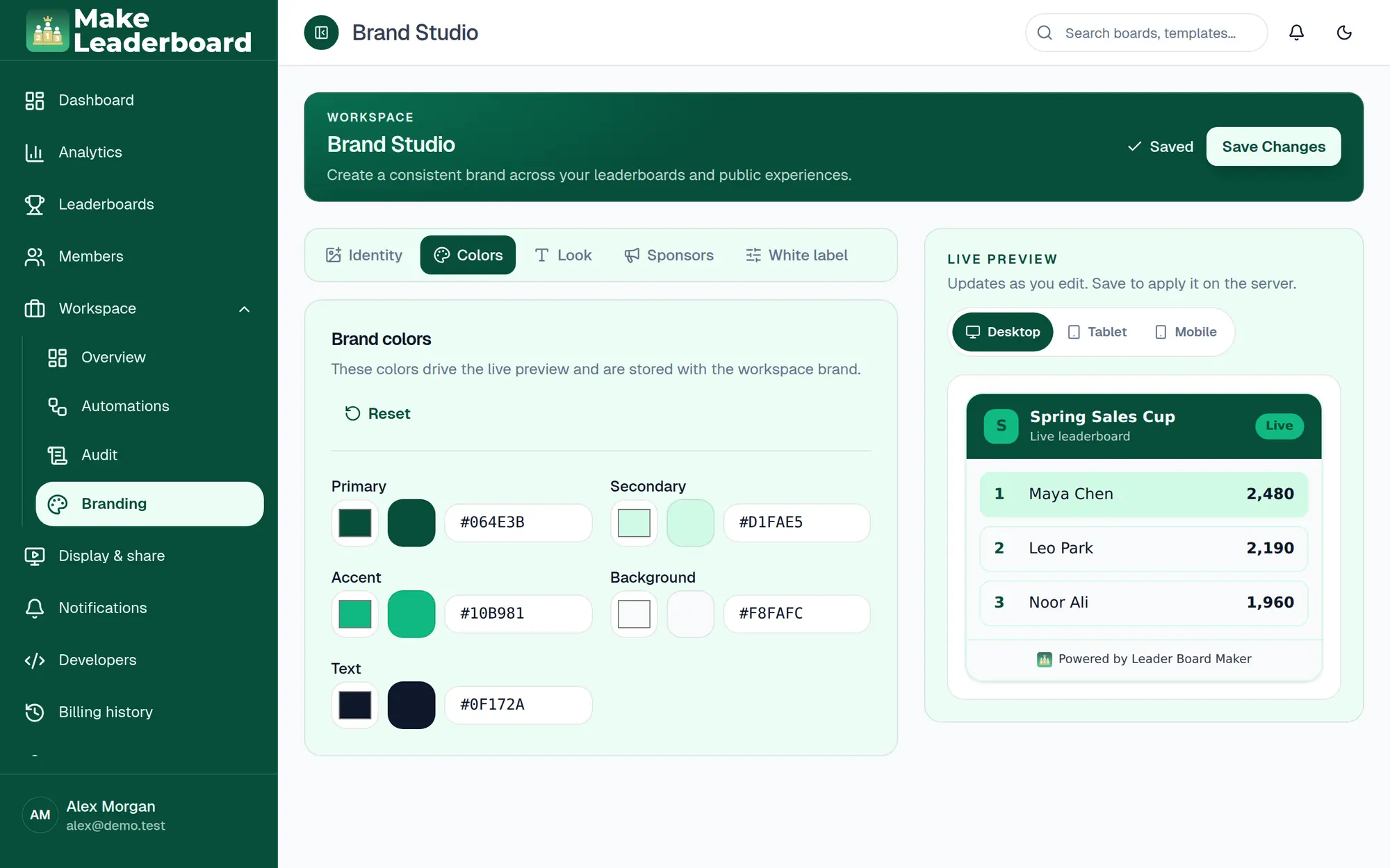 Brand Studio Colors tab with primary, secondary, accent, background and text colors