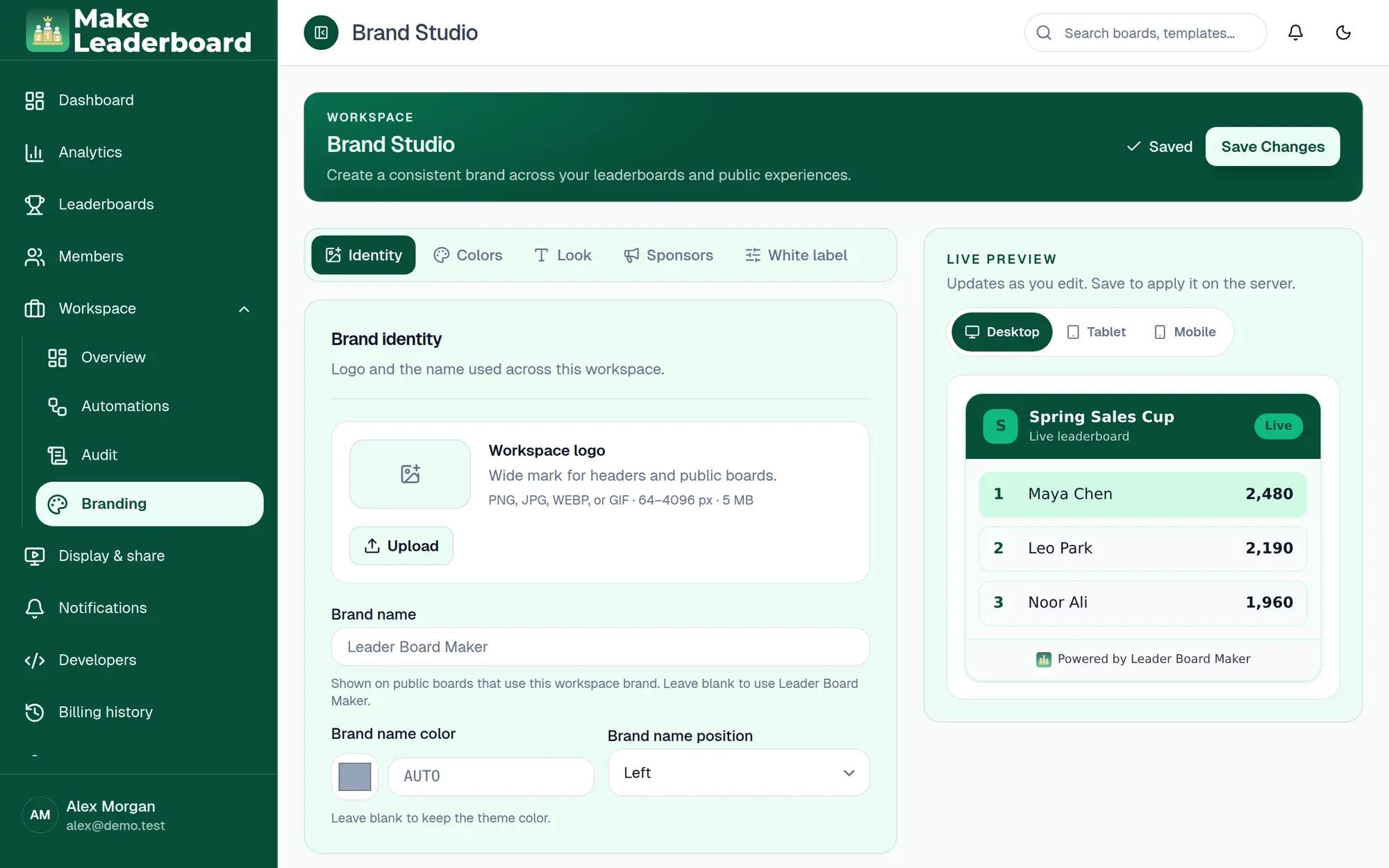 Brand Studio Identity tab with workspace logo upload and brand name