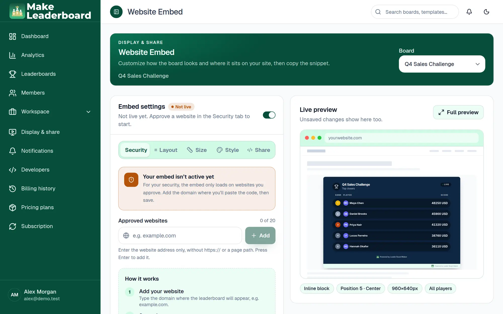 Website Embed settings with Security, Layout, Size, Style and Share tabs and a preview