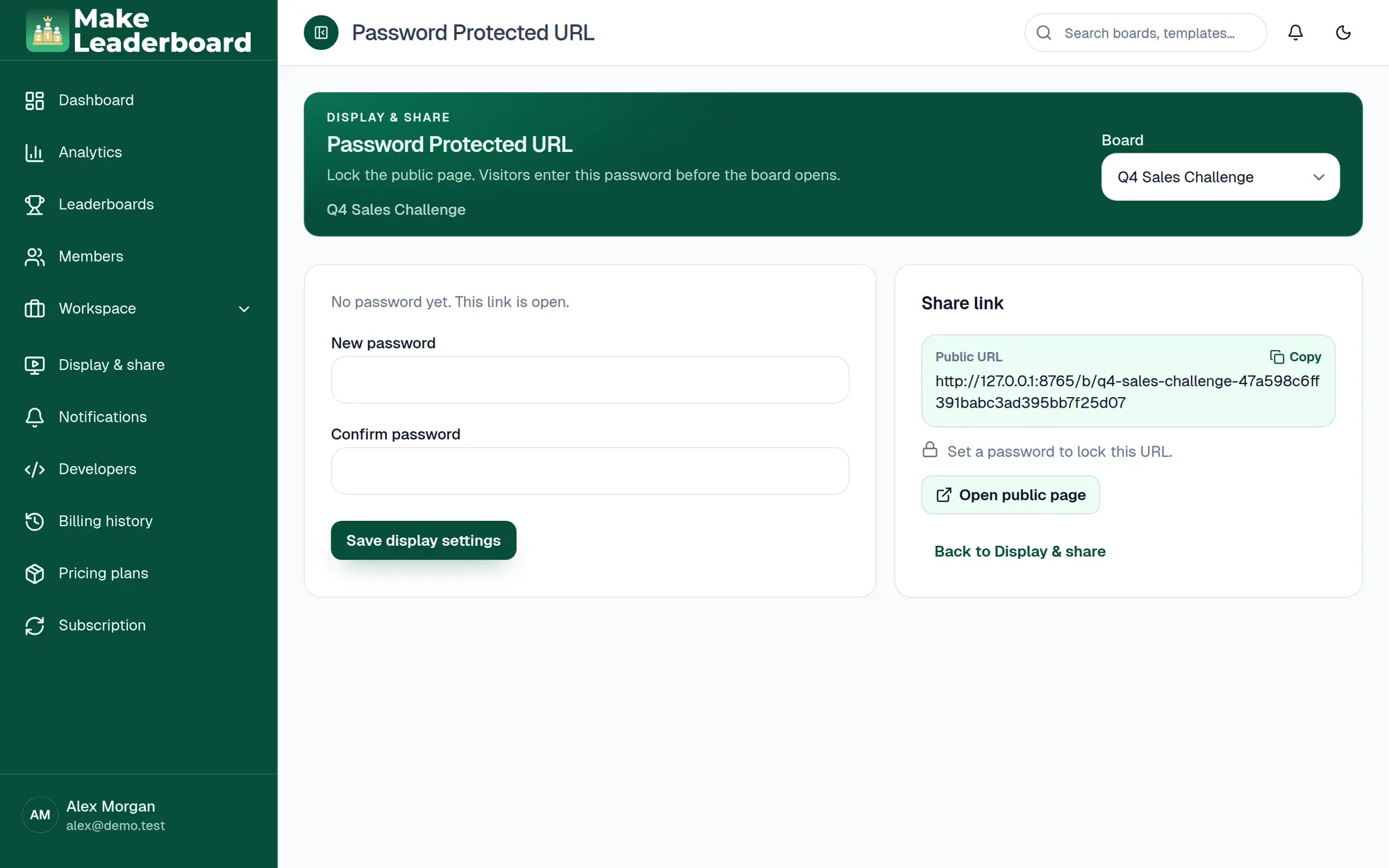 Password Protected URL settings with New password and Confirm password fields