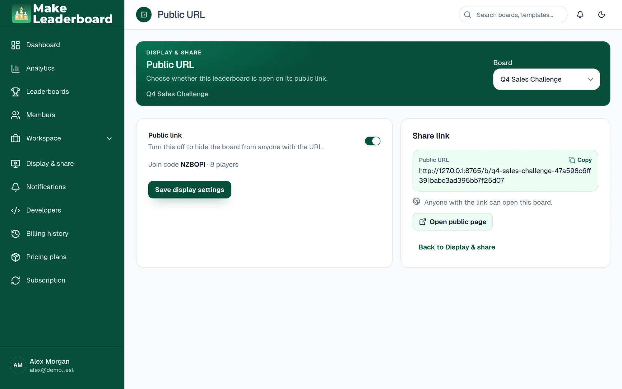 Public URL settings with an on/off switch, join code and share link