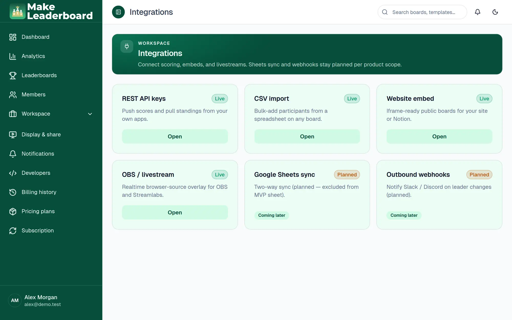 Integrations page with REST API keys, CSV import, Website embed and OBS cards