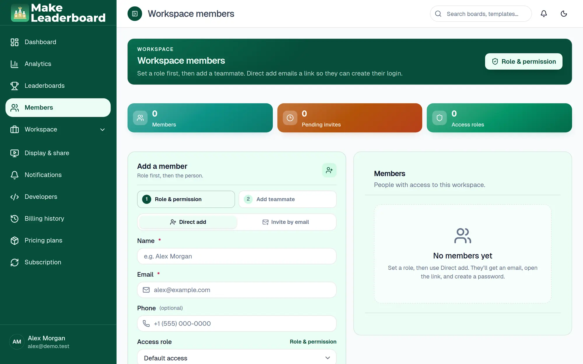 Workspace members page with Add a member form and member list