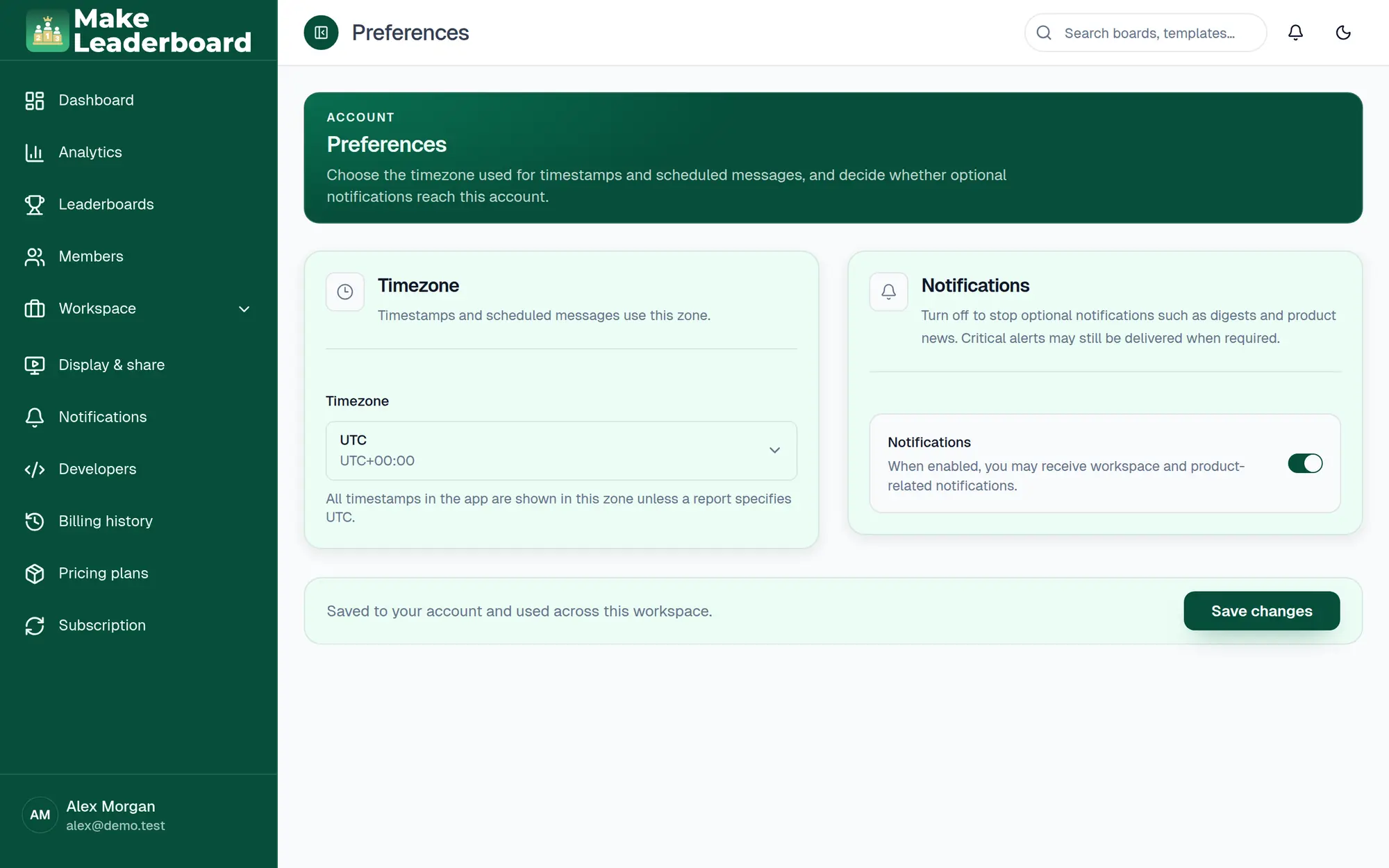 Preferences page with timezone and notifications