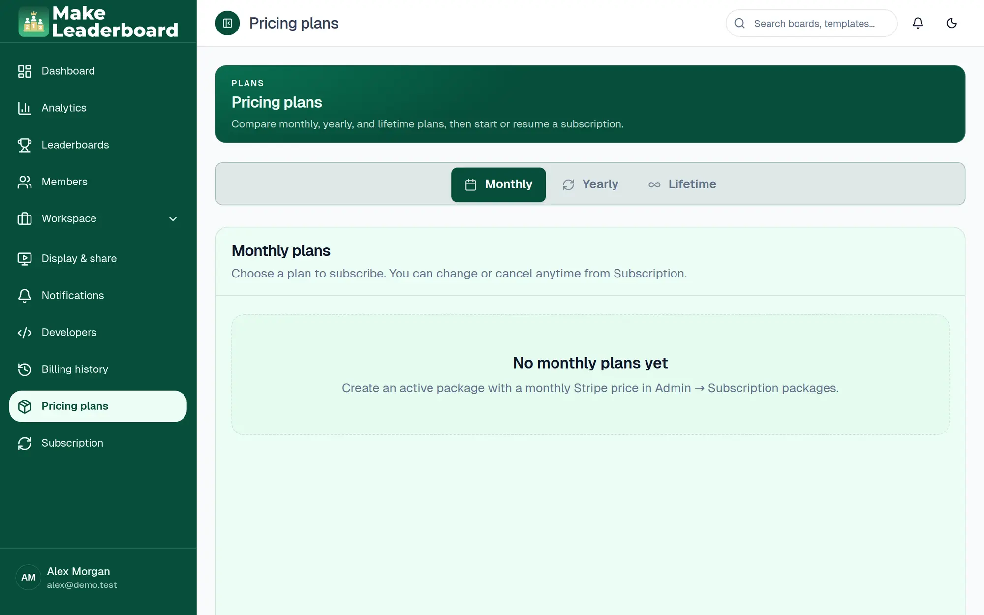 Pricing plans page with Monthly, Yearly and Lifetime tabs