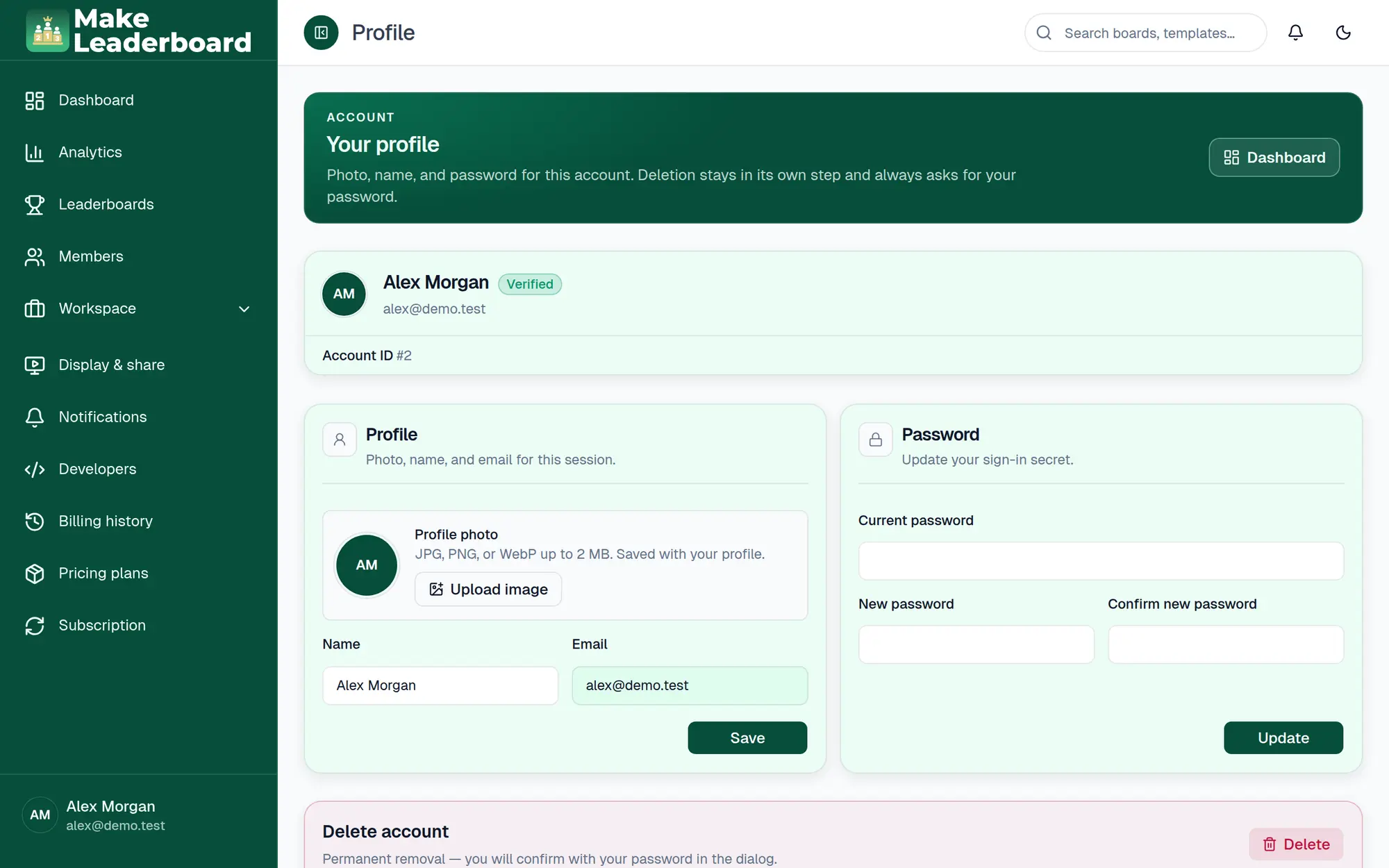 Profile page with photo, name, email, password and delete account sections