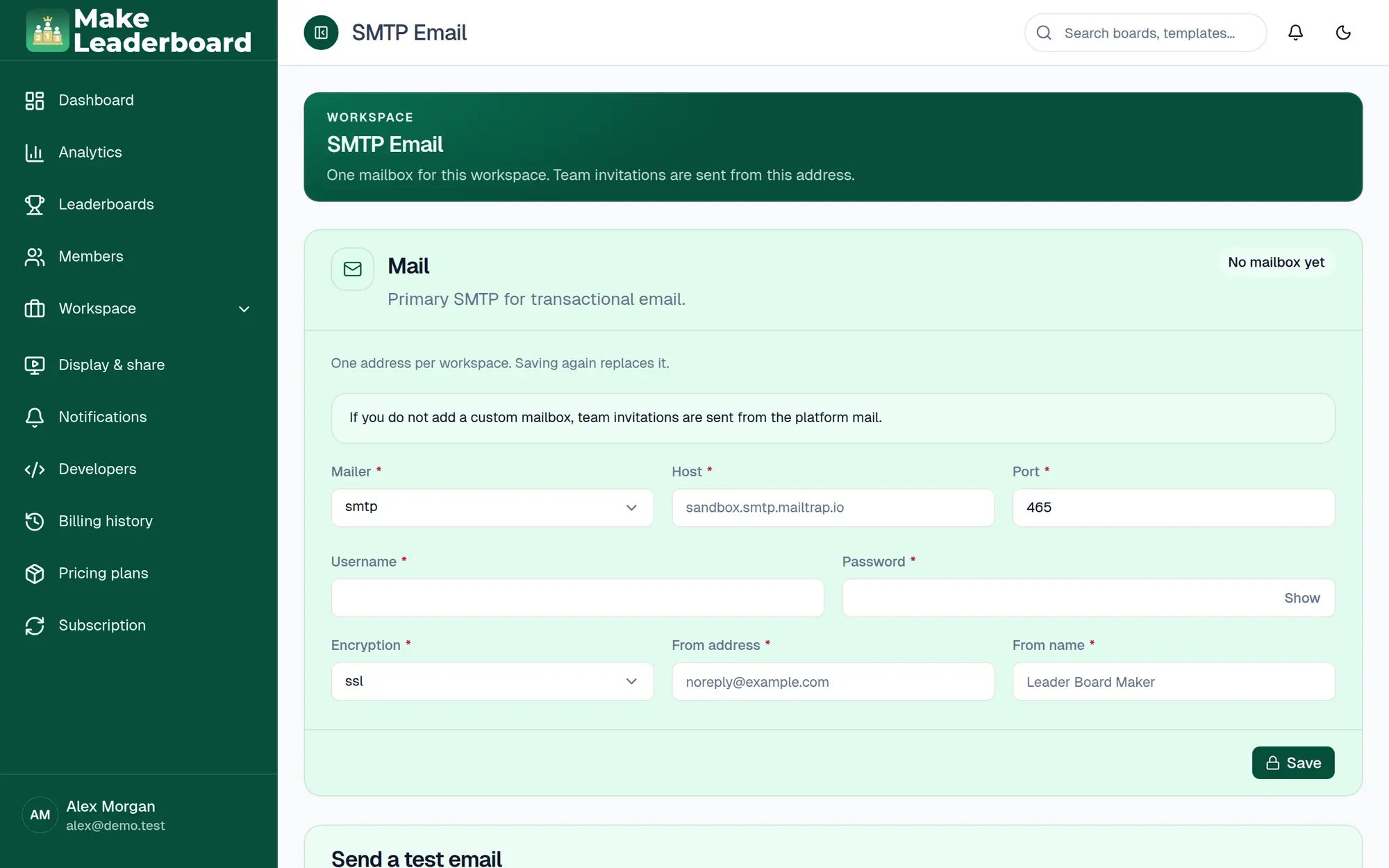 SMTP Email page with mailer, host, port, username, password, encryption and from address fields