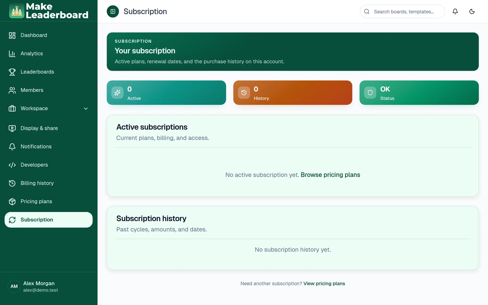 Subscription page with active subscriptions and history